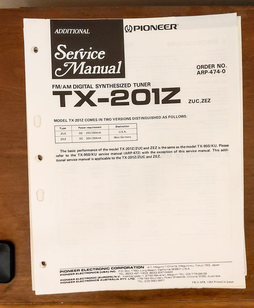 Pioneer TX-201Z Tuner Service Manual *Original*