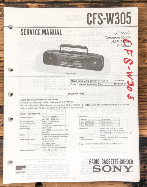 Sony CFS-W305 Radio / Boombox  Service Manual *Original*