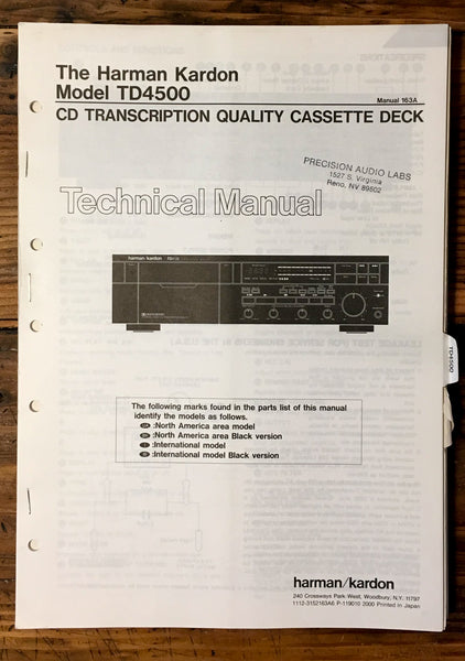 HK Harman Kardon TD-4500 TD-4500 Cassette Service Manual *Original*