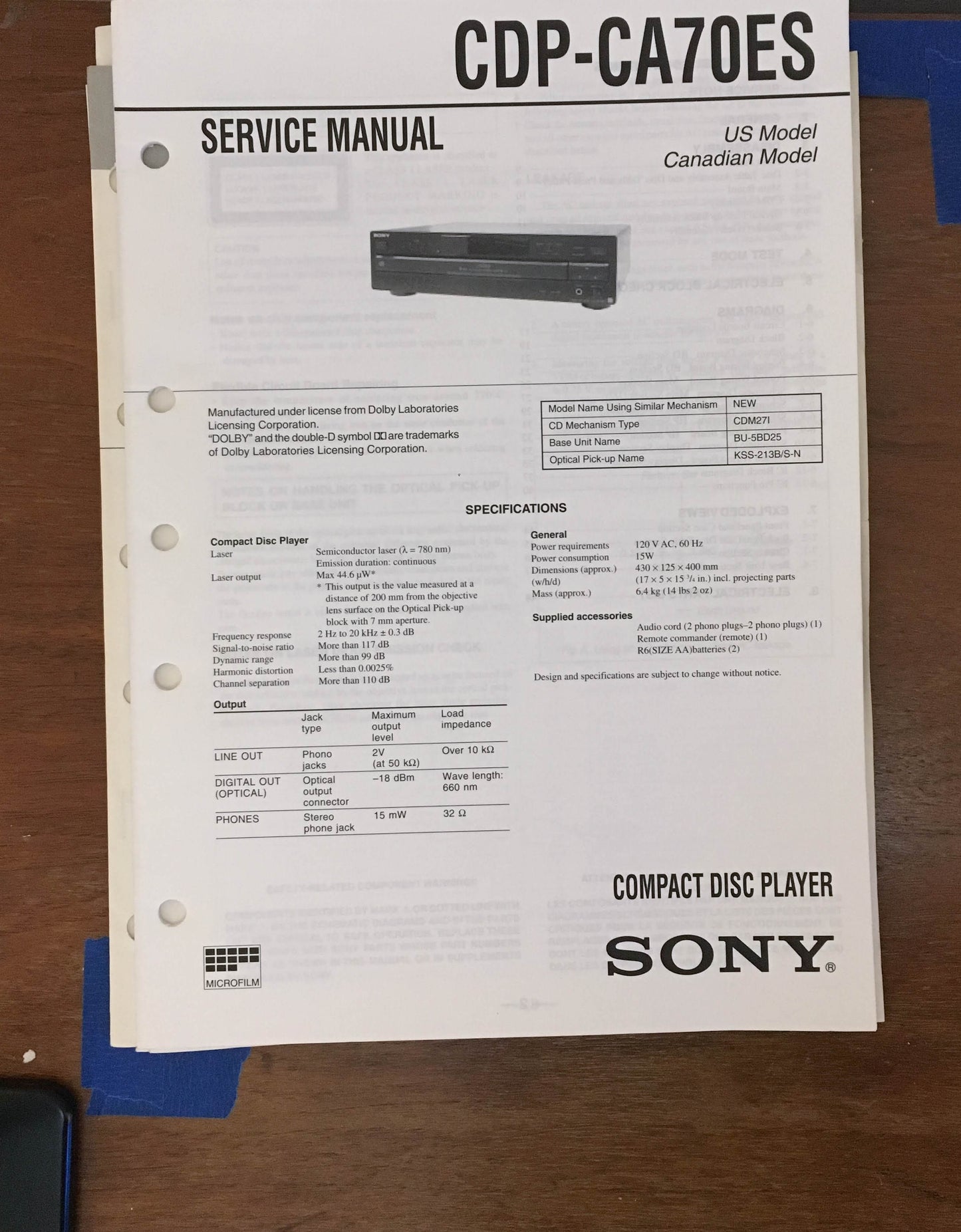 Sony CDP-CA70ES CD Player Service Manual *Original*