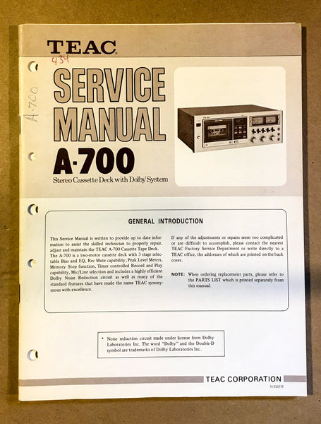 Teac A-700 Cassette Service Manual *Original* #2