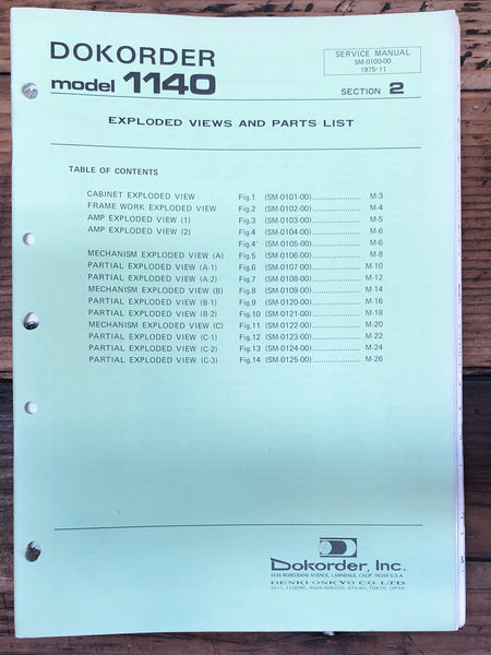 Dokorder Model 1140 Reel to Reel Exploded View / Parts List Manual *Orig*