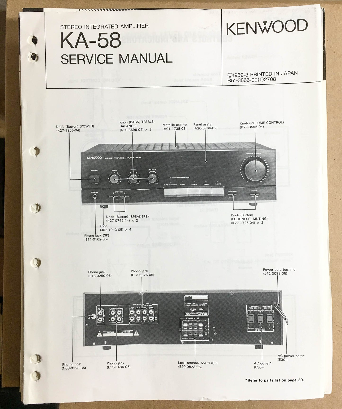 Kenwood KA-58 Amplifier  Service Manual *Original*