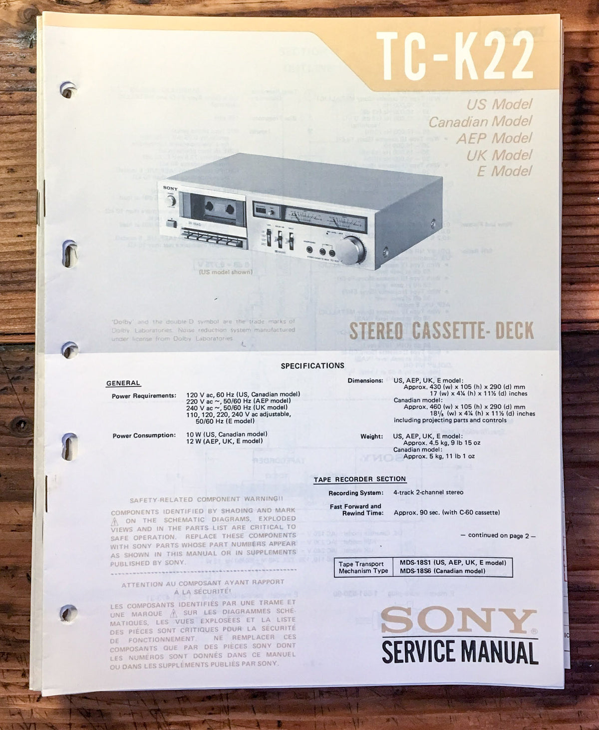 Sony TC-K22 Cassette Deck  Service Manual *Original*