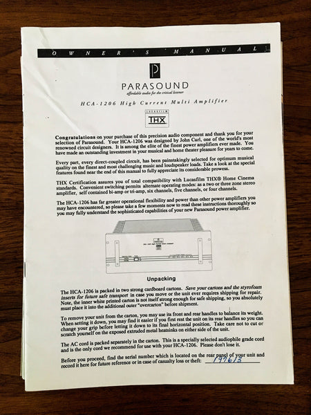 Parasound HCA-1206 Amplifier 14pg Owners Manual *Original*