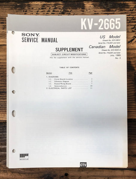 Sony KV-2665 TV Supp Service Manual *Original*