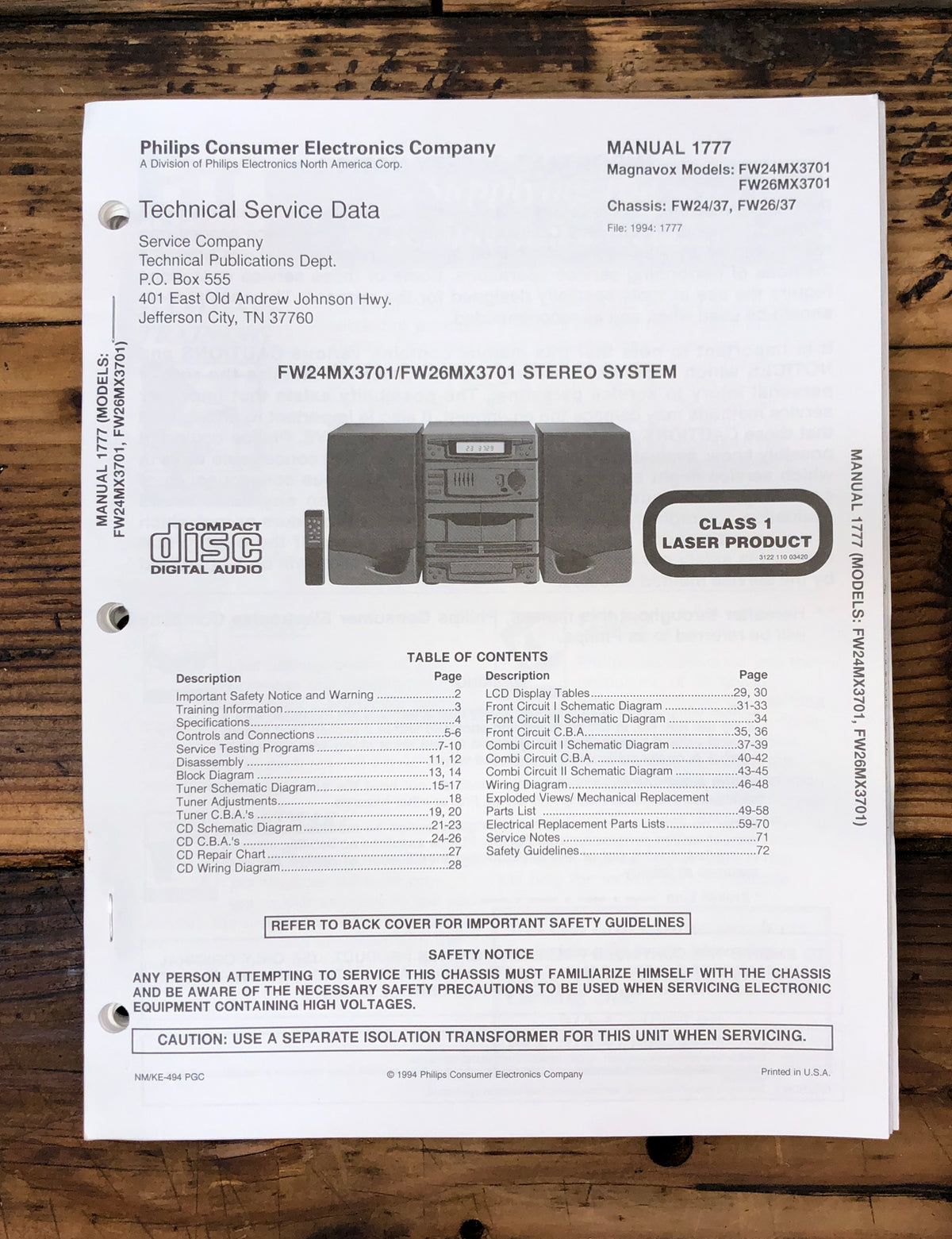 Magnavox FW24MX FW26MX Stereo  Service Manual *Original*