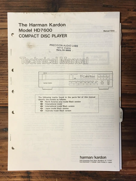 Harman Kardon HK HD7600 HD-7600 CD Player Service Manual *Original*