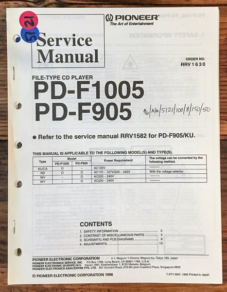 Pioneer PD-F1005 PD-F905 CD Player  Service Manual *Original*