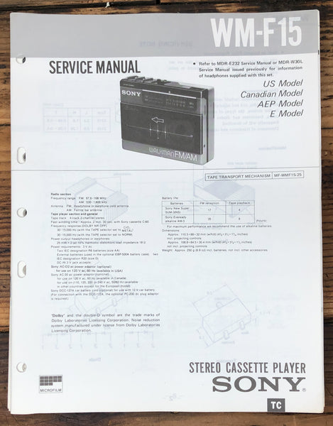 Sony WM-F15 Cassette Player  Service Manual *Original*