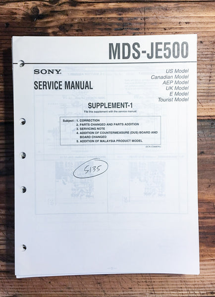 Sony MDS-JE500 Mini Disc MD Recorder  Service Manual Supplement 1 *Original*