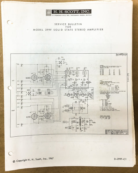 H.H. Scott Model 299F / 299-F Amplifier Service Bulletin *Original*