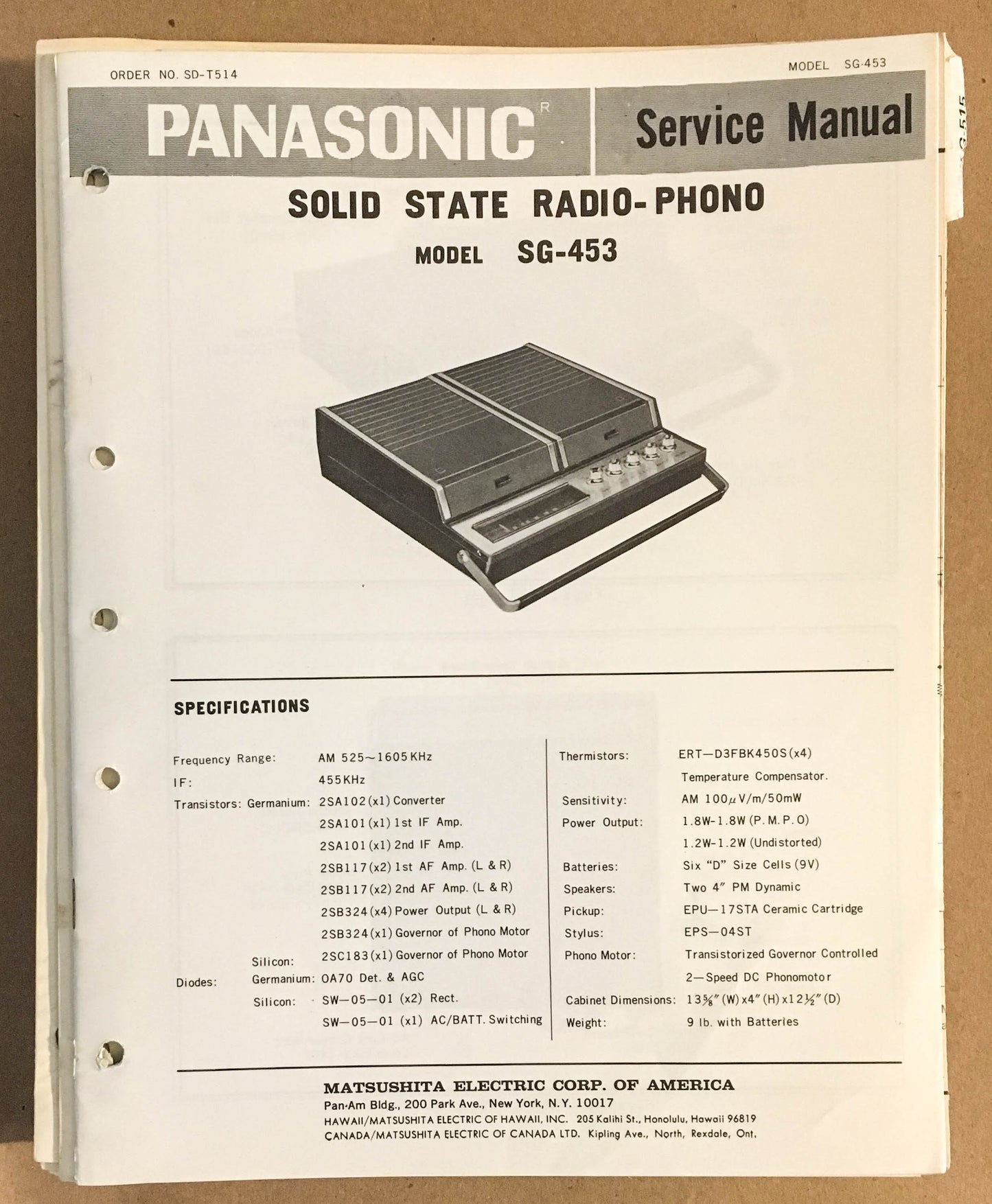 Panasonic SG-453 Radio / Record Player   Service Manual *Original*
