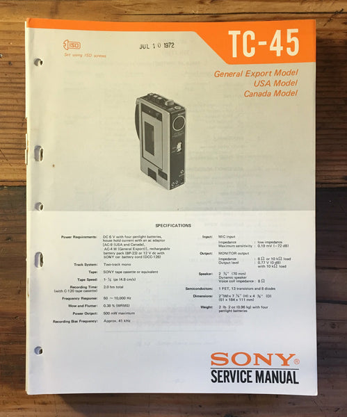 Sony TC-45 Tape Player Service Manual *Original*