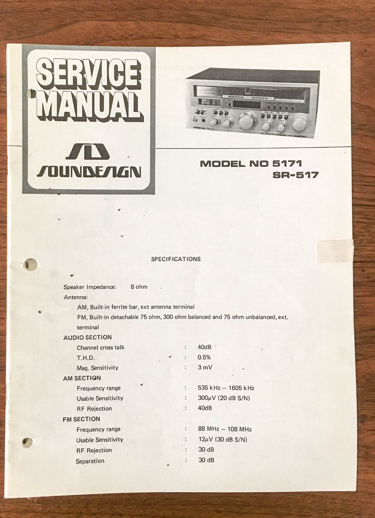 SoundDesign Sound Design Model 5171 SR-517 Receiver Service Manual *Original*