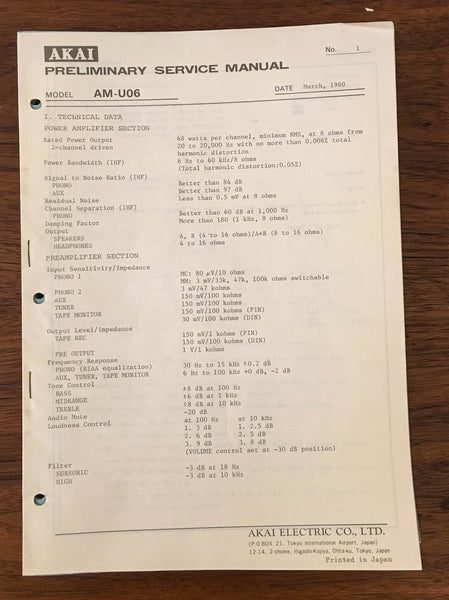 Akai AM-U06 AMPLIFIER PRELIMINARY Service Manual *Original*