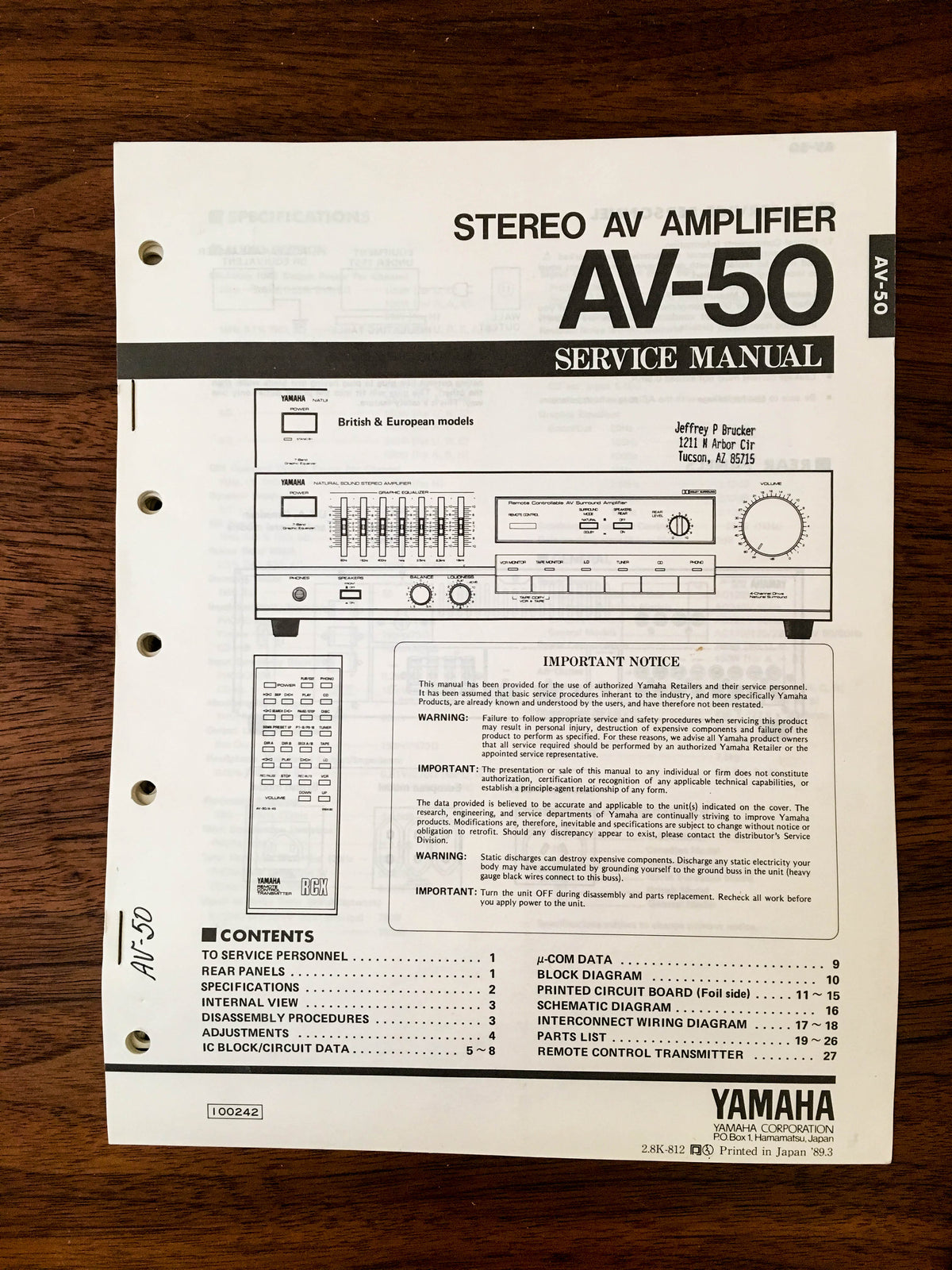 Yamaha AV-50 Amplifier Service Manual *Original* #1