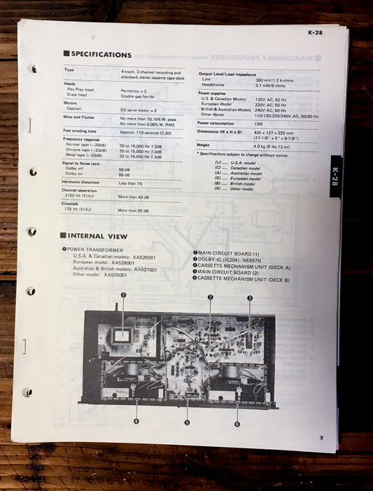 Yamaha K-28 Cassette Service Manual *NO COVER, Original*