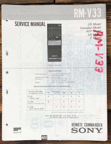 Sony RM-V33 Remote Control  Service Manual *Original*