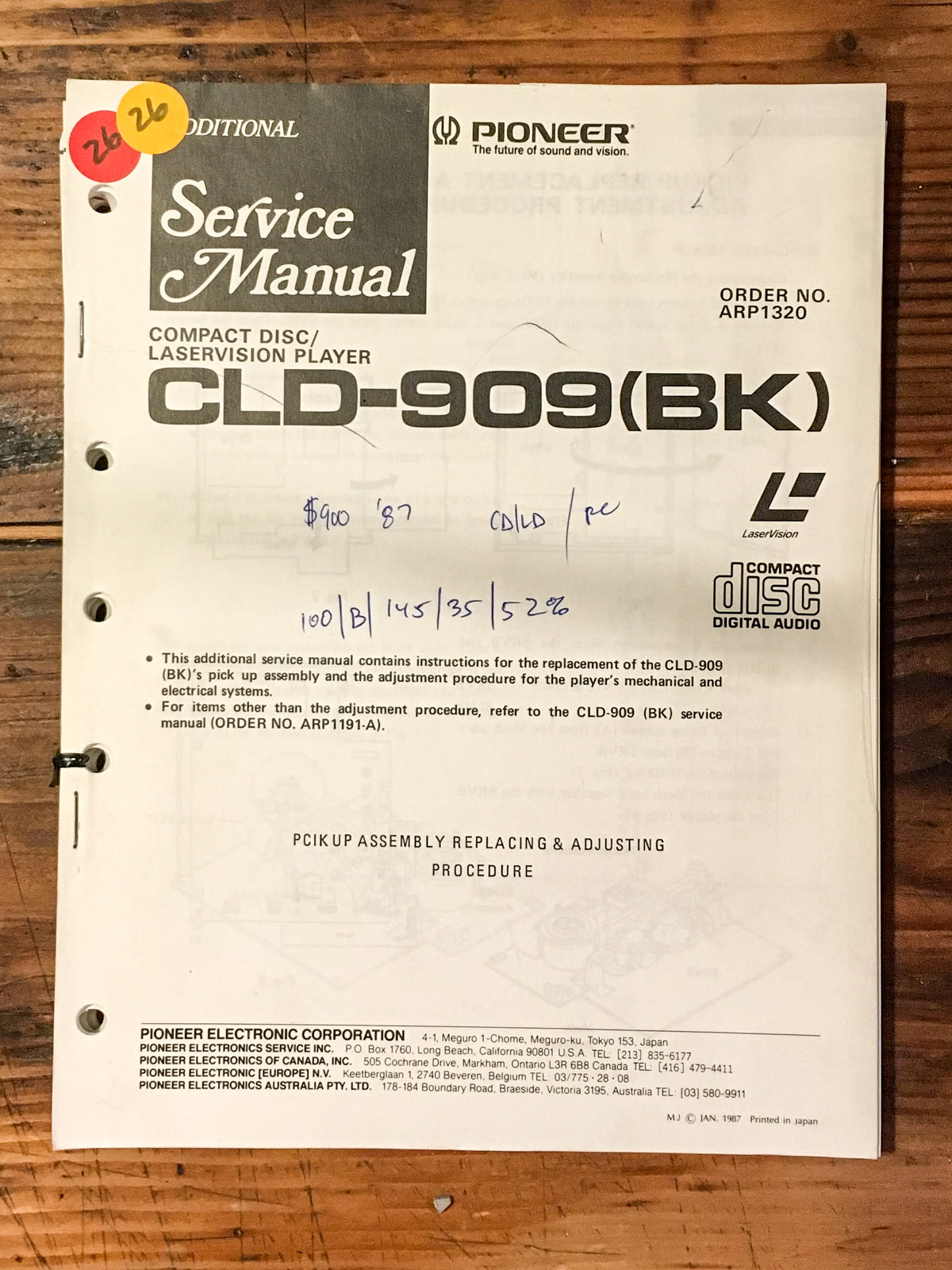 Pioneer CLD-909 Laserdisc Player Addtl. Service Manual *Original*