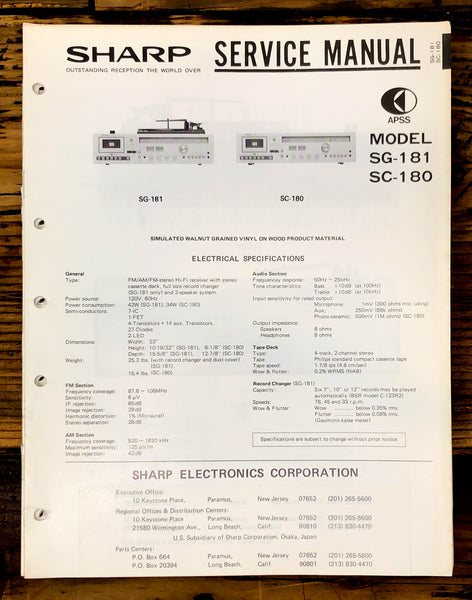 Sharp SG-180 SG-181 Radio / Stereo System Service Manual *Original*