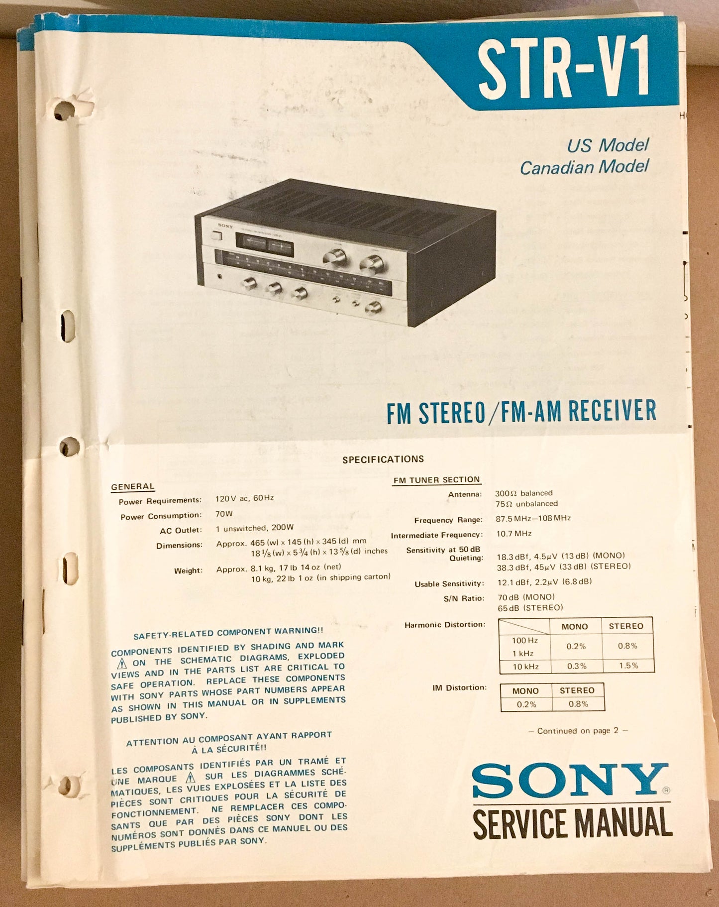 Sony STR-V1 Receiver  Service Manual *Original*