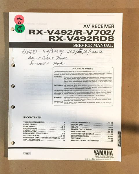 Yamaha RX-V492 RDS R-V702  Receiver  Service Manual *Original*