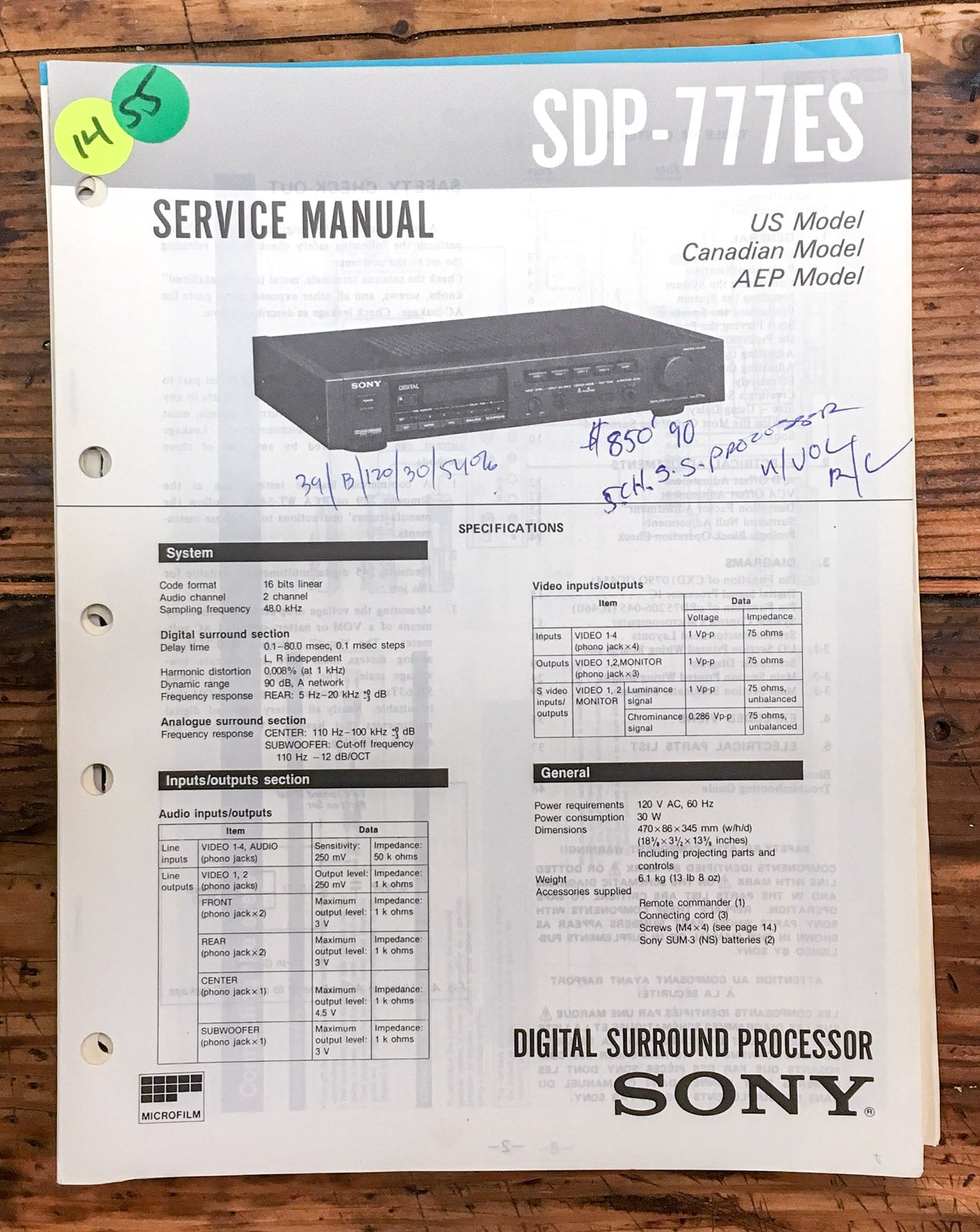 Sony SDP-777ES Processor  Service Manual *Original*