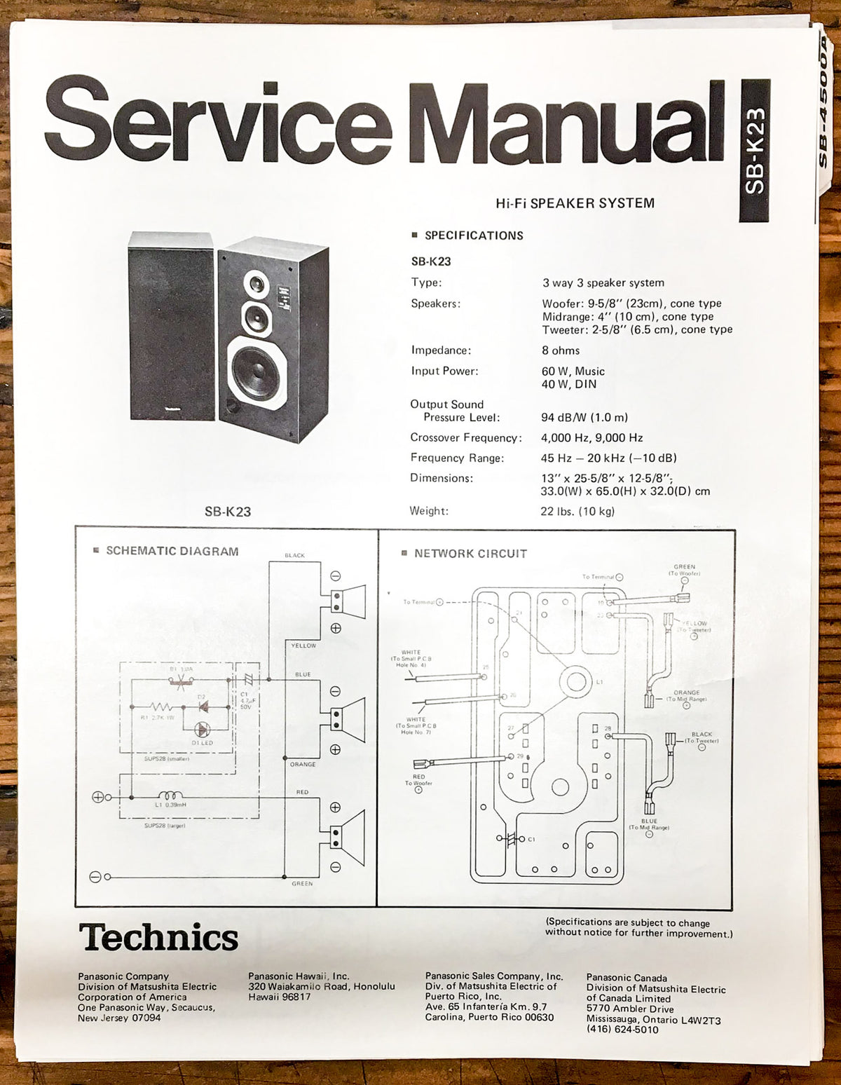 Technics SB-K23 Speaker  Service Manual *Original*