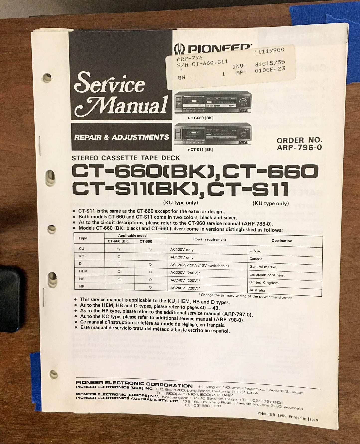 Pioneer CT-660 CT-S11 Cassette  Service Manual *Original*