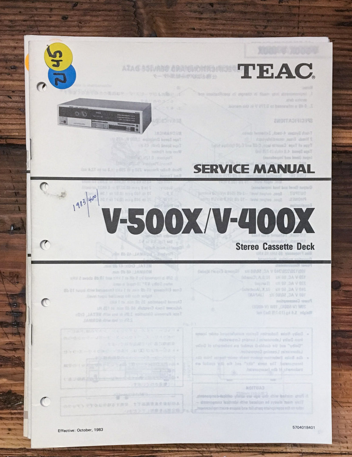 TEAC V-500X V-400X Cassette  Service Manual *Original*