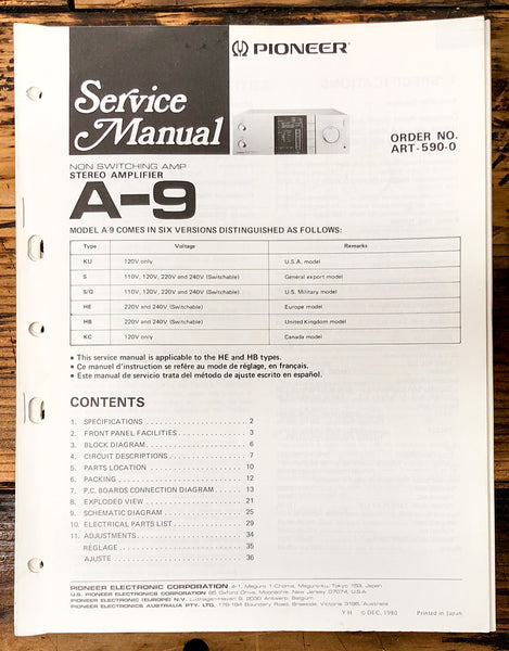 Pioneer A-9 Amplifier Service Manual *Original*