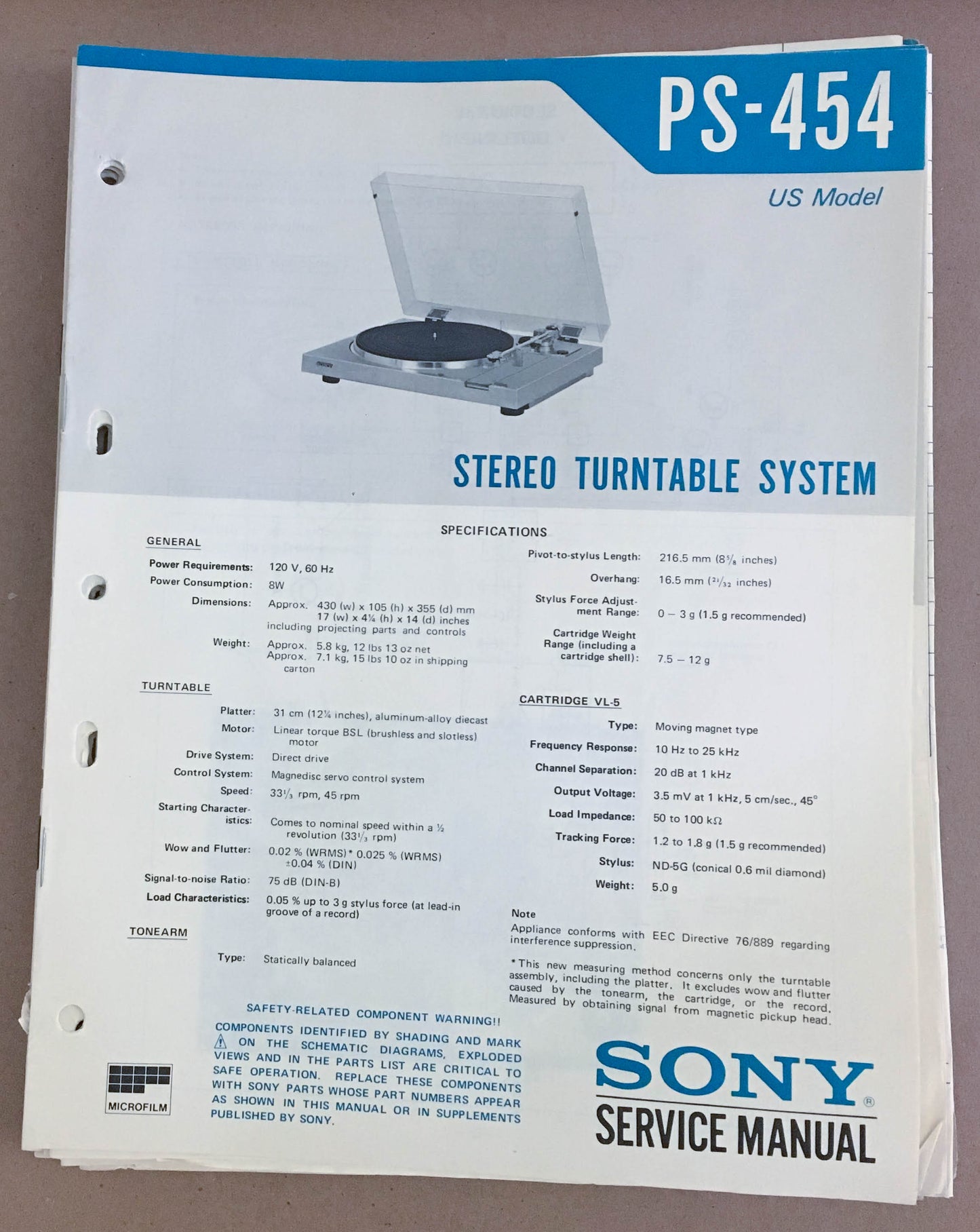 Sony PS-454 Turntable Record Player  Service Manual *Original*