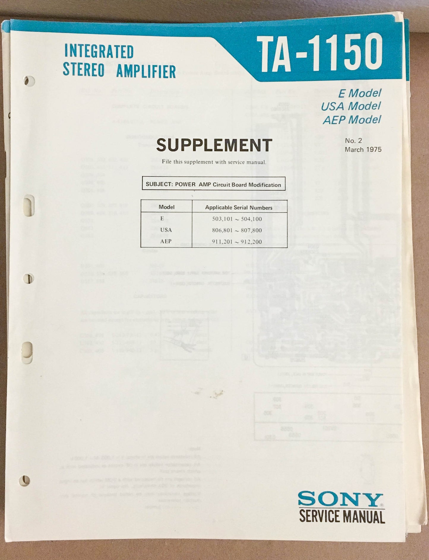 Sony TA-1150 Amplifier  Service Manual Supplement *Original*