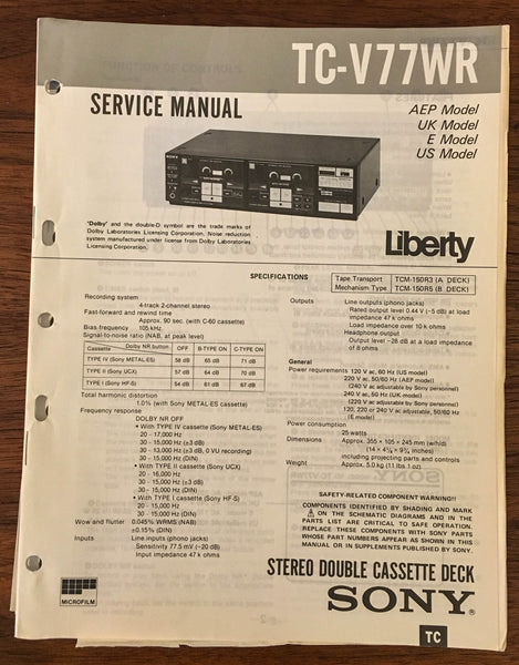 Sony TC-V77WR CASSETTE Service Manual *Original*