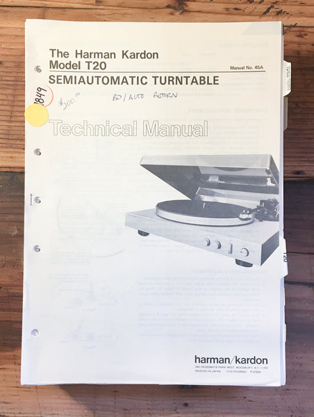 Harman Kardon HK T20 T-20 Record Player / Turntable Service Manual *Original*