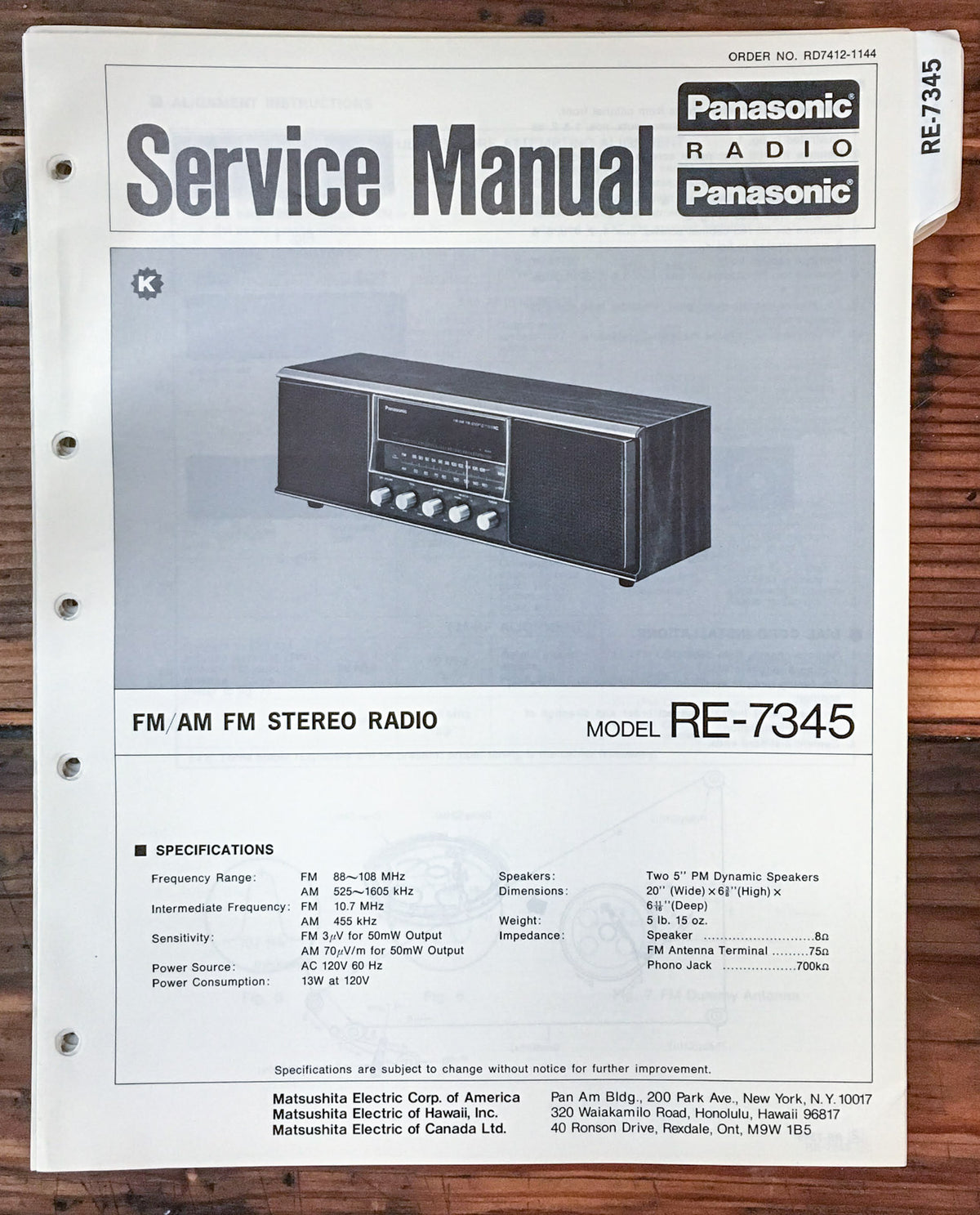Panasonic RE-7345 Radio  Service Manual *Original*