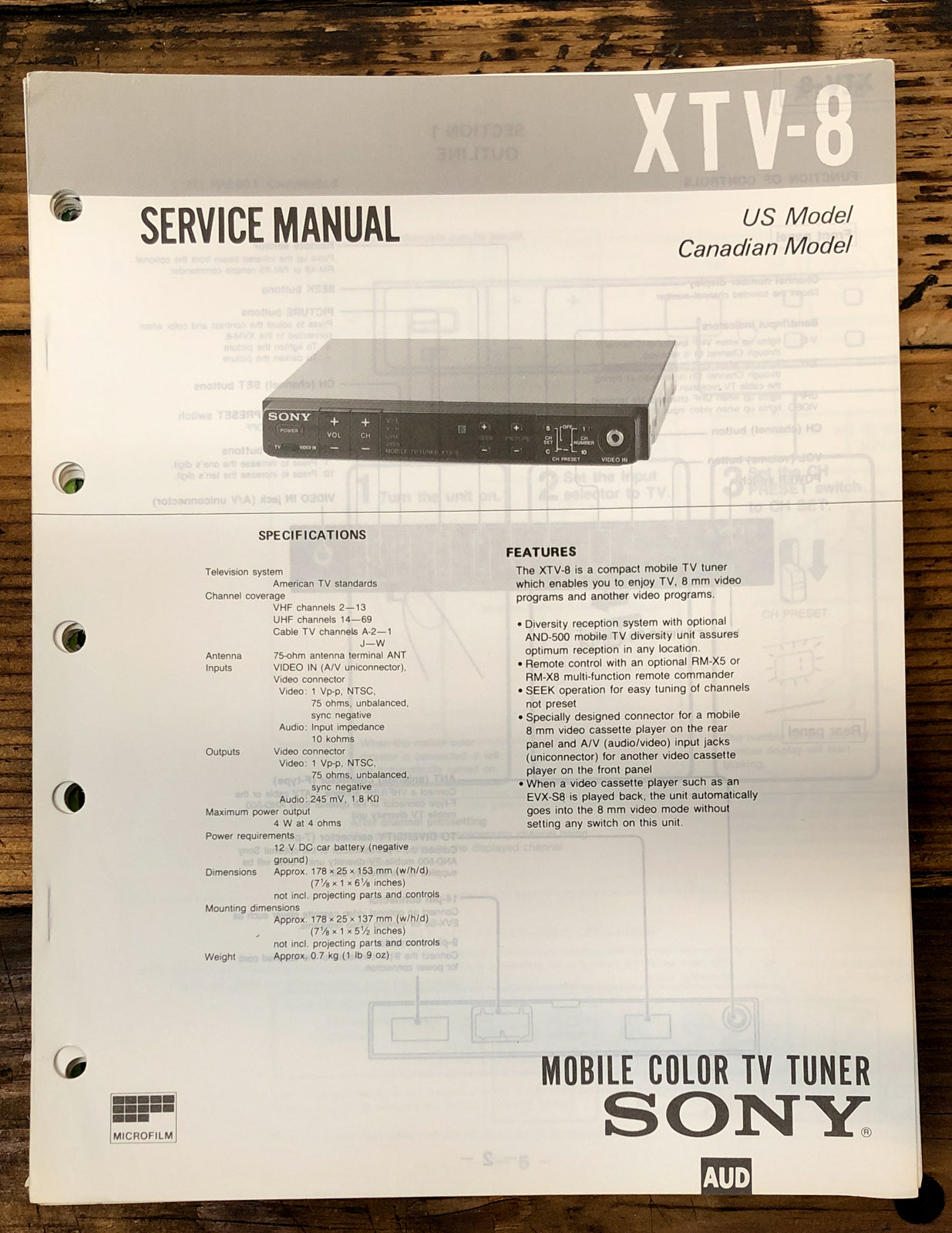 Sony XTV-8 TV Tuner  Service Manual *Original*