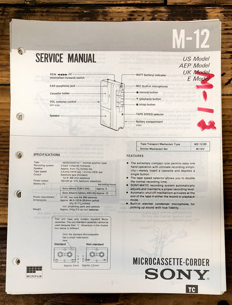 Sony M-12 Micro Cassette  Service Manual *Original*