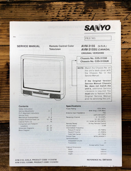 Sanyo AVM-3155 AVM-3155U TV  Service Manual *Original*