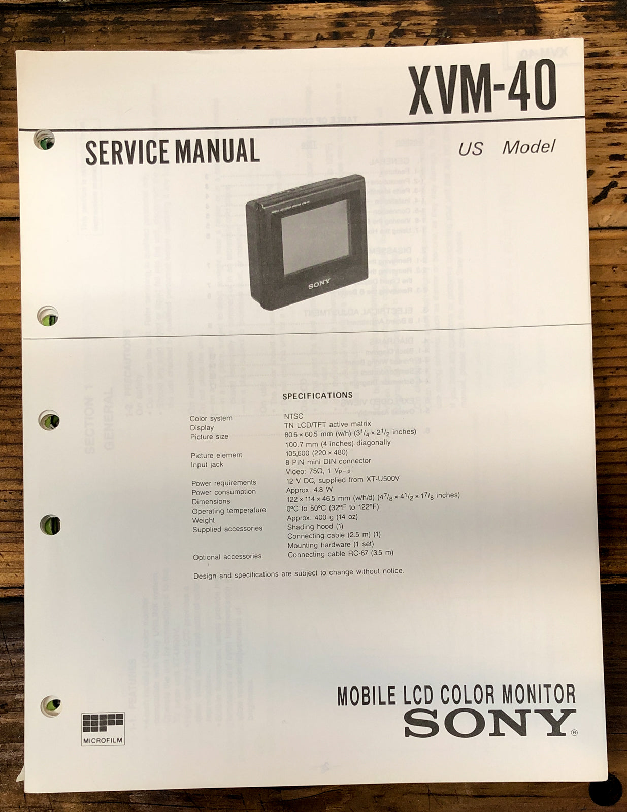 Sony XVM-40 Monitor  Service Manual *Original*