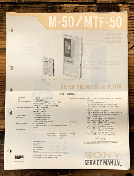 Sony M-50 MTF-50 Micro Cassette  Service Manual *Original*