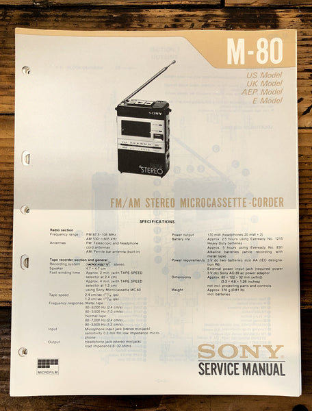 Sony M-80 Micro Cassette  Service Manual *Original*