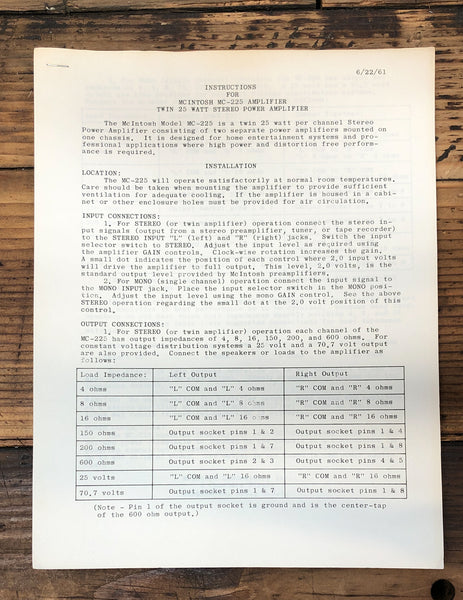 McIntosh MC-225 Tube Amplifier  Owner / User Manual *Original* #1