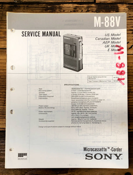 Sony M-88V Micro Cassette  Service Manual *Original*