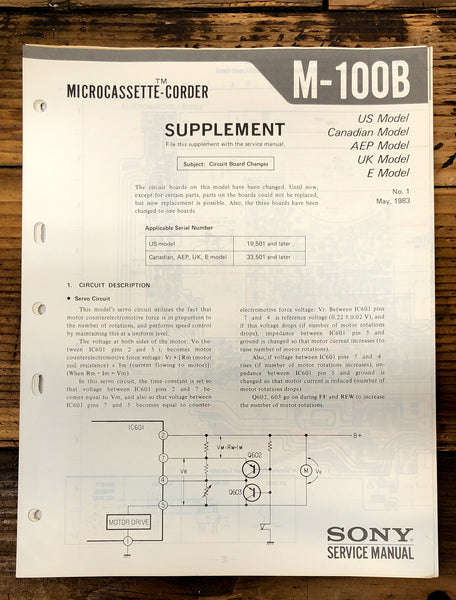 Sony M-100B Micro Cassette Supp. Service Manual *Original*