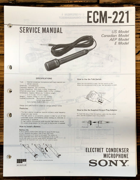 Sony ECM-221 Microphone  Service Manual *Original*