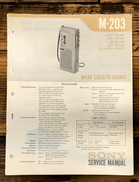 Sony M-203 Micro Cassette  Service Manual *Original*