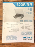 Sony PS-20F PS-20FB Record Player / Turntable Service Manual *Original*