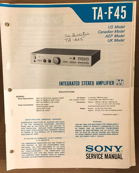 Sony TA-F45 Stereo Amplifier Service Manual *Original*